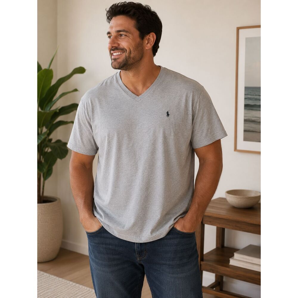 Polo Ralph Lauren VNeck TShirt Mens 2XB Gray Short Sleeve SUPER SOFT 100% Cotton